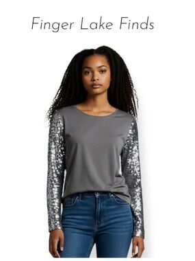INC Glam DC Sequined Grey & Silver Top, L